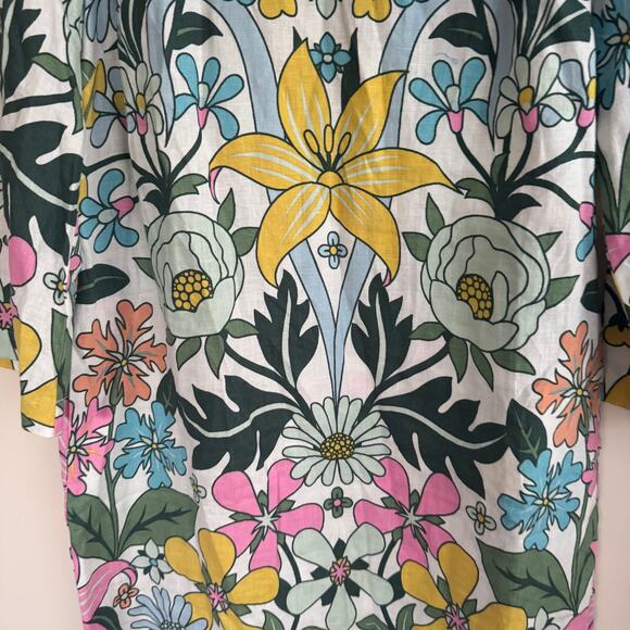 New Boden Flare Linen Floral Mini Dress Green White Back Button 3/4 Sleeve Sz 10 - Picture 8 of 14